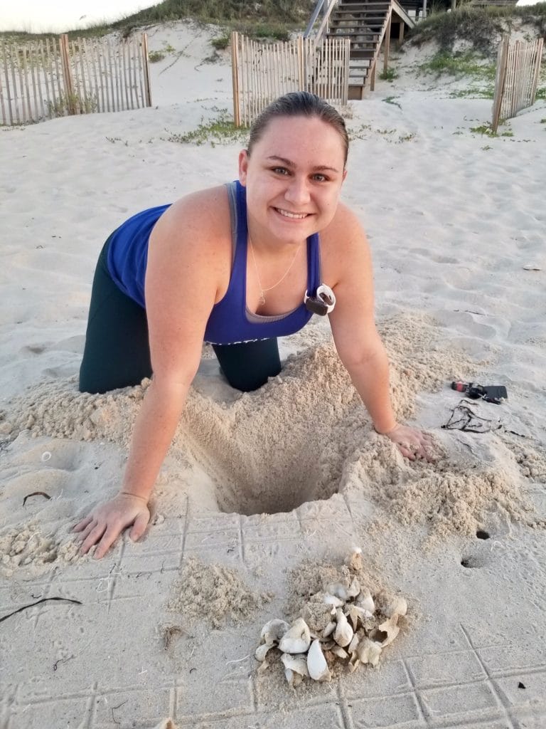 Intern Sarah Buckley evaluating hatch success of sea turtle nest