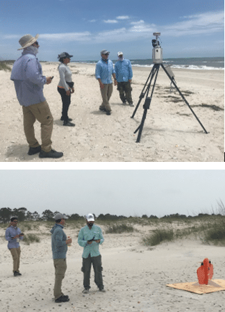 Top photo: Members of the Texas A&M research team watch a ground-based LiDAR instrument complete its scans of the beach area on LSGI.Bottom photo: The Texas A&M team prepares a UAS for takeoff. The UAS captures high resolution imagery of beach and marsh areas that can provide elevation data in addition to ground cover information.