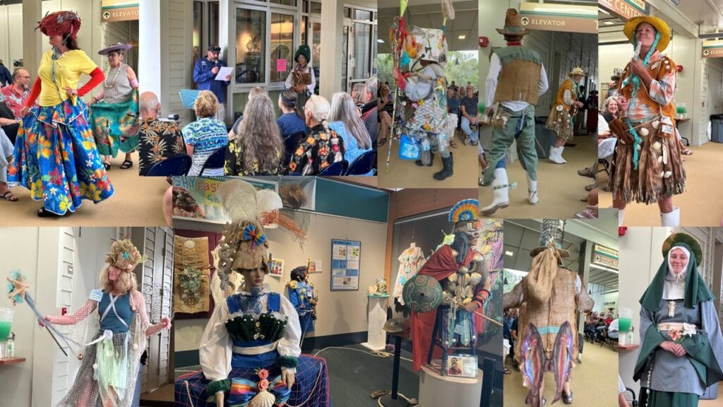 A Collage of the Fishy Fashion Show opening and marine debris exhibit.