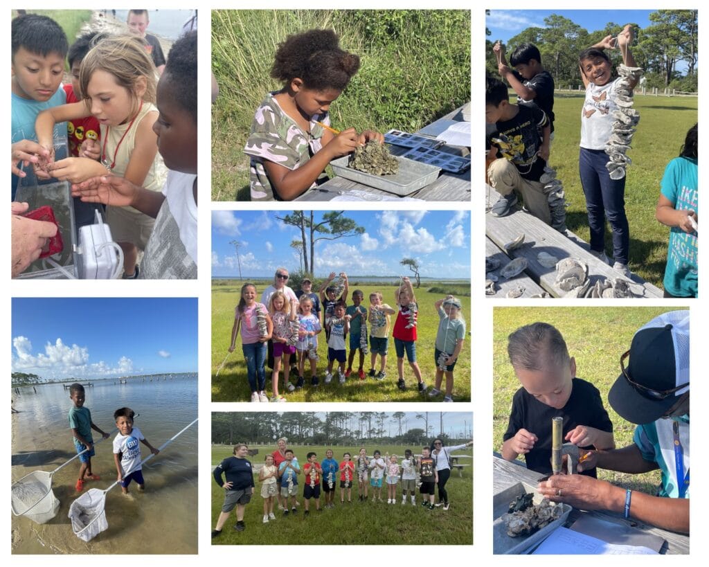 A collage of Franklin County Schools’ students enjoying their days learning about oyster reef habitat with the Reserve staff.